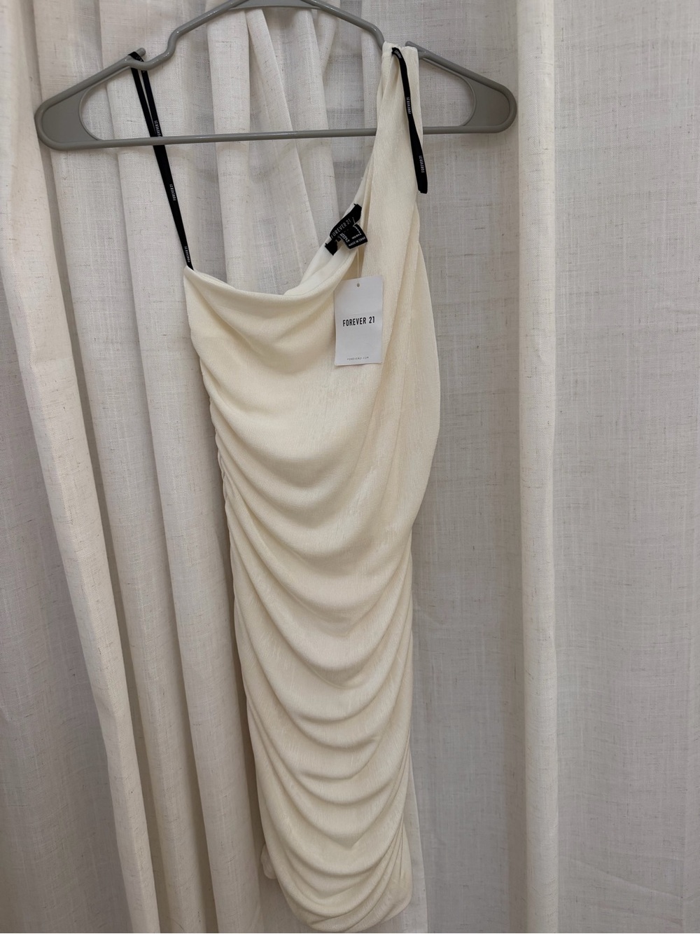 Forever 21 One-Shoulder Cream Ruched Midi Dress